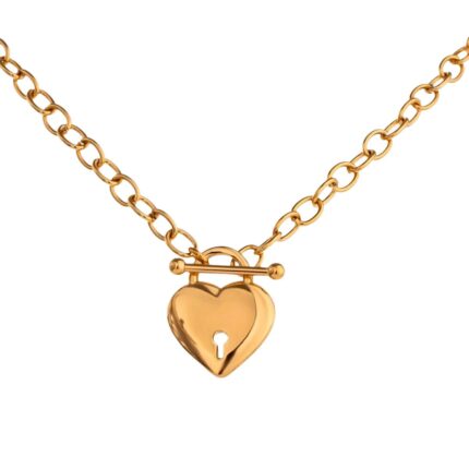 Colar de Corrente com Coração Trancado Banhado em Ouro 18k