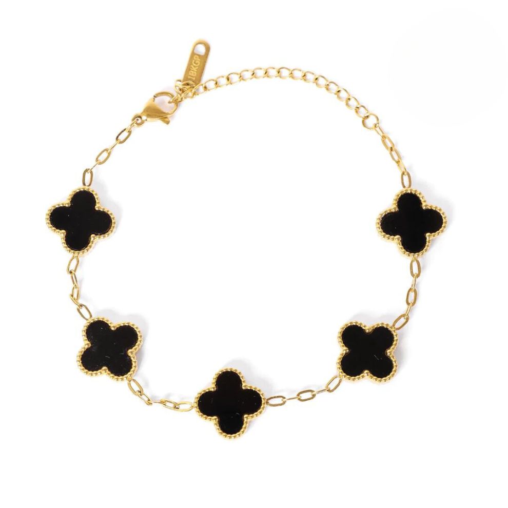 Design sem nome (71) Pulseira Trevo Preto Banhado em Ouro 18k - Imagem 1