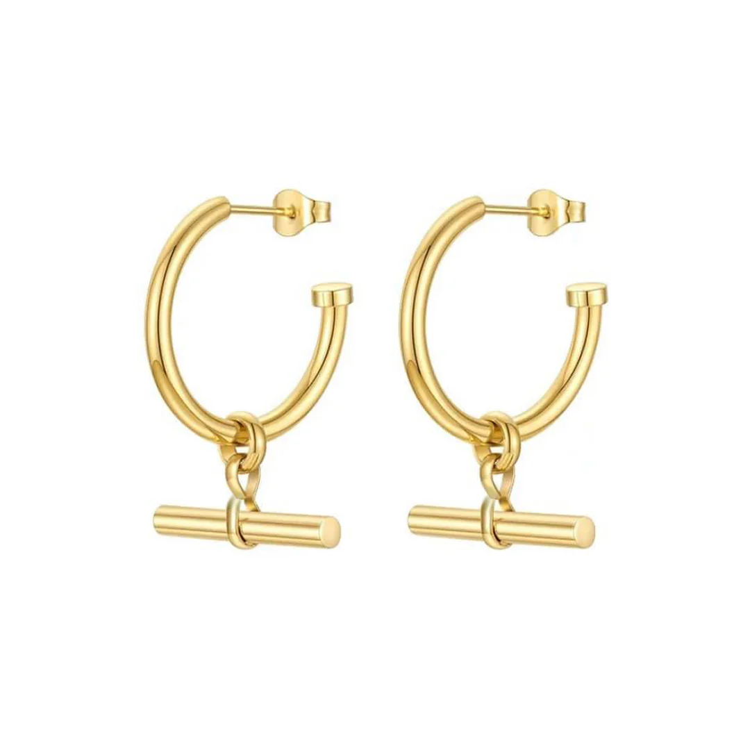GoldTBarPendantHoopEarringsBlankCLOSED Brincos Templar Banhado em Ouro 18k - Imagem 1