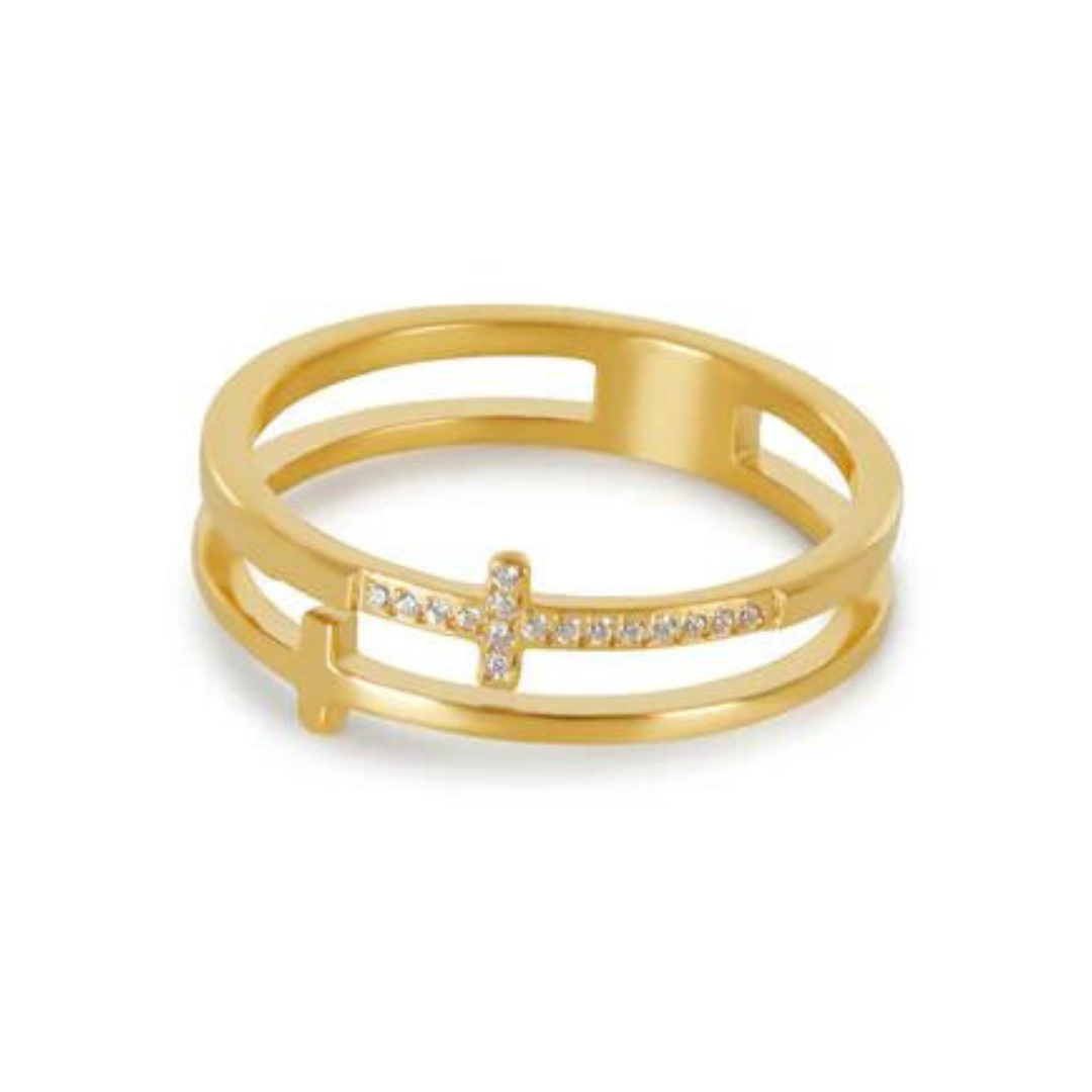 Up to 50% off in all our products. (2) Anel Cruz Dupla Zirconia Banhado em Ouro 18k - Imagem 1